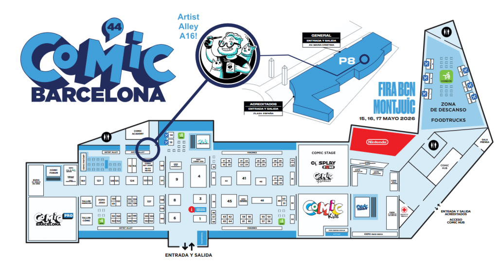 mapa del 44 comic barcelona indicando mi ubicación en el artist alley